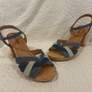 Denim Two-Tone Cork Heel Sandals - Blue